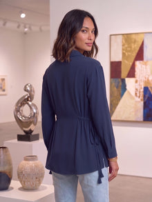 Navy Crepe Oversized Drawstring Waist Longline Shirt