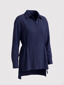 Navy Crepe Oversized Drawstring Waist Longline Shirt