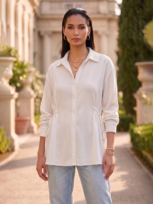 White Crepe Oversized Drawstring Waist Longline Shirt