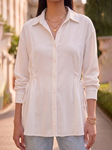 White Crepe Oversized Drawstring Waist Longline Shirt