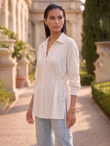 White Crepe Oversized Drawstring Waist Longline Shirt