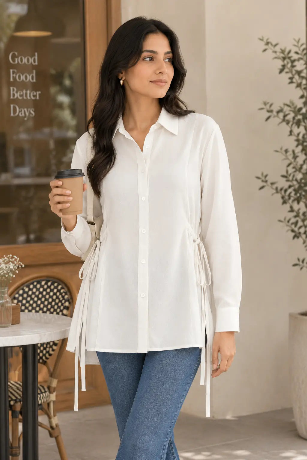 White Crepe Oversized Drawstring Waist Longline Shirt