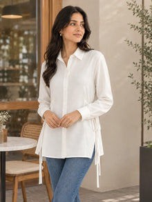 White Crepe Oversized Drawstring Waist Longline Shirt