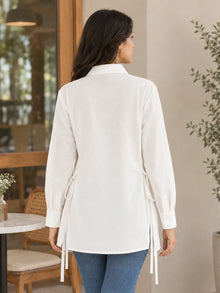 White Crepe Oversized Drawstring Waist Longline Shirt