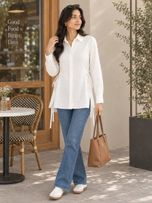 White Crepe Oversized Drawstring Waist Longline Shirt