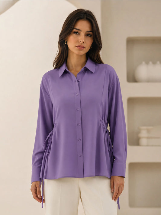 Lavender Crepe Oversized Drawstring Waist Longline Shirt