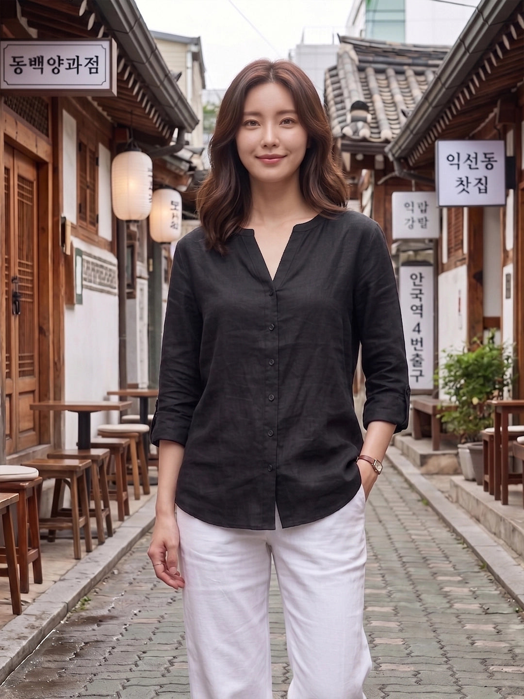 Black Linen Blend Mandarin Collar Button-Down Shirt