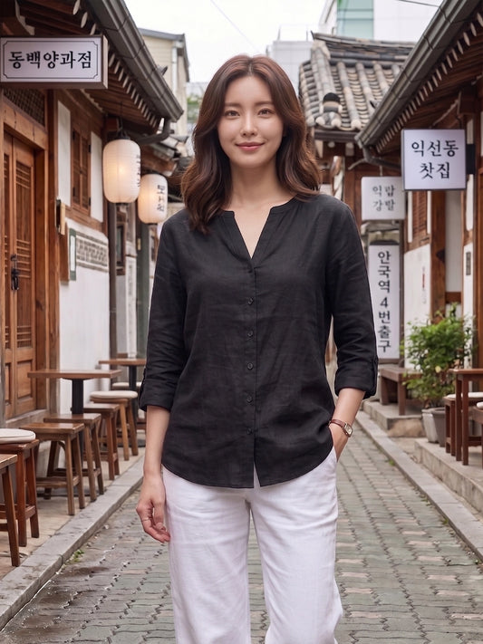 Black Linen Blend Mandarin Collar Button-Down Shirt