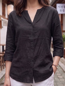 Black Linen Blend Mandarin Collar Button-Down Shirt
