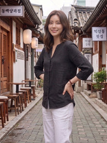 Black Linen Blend Mandarin Collar Button-Down Shirt