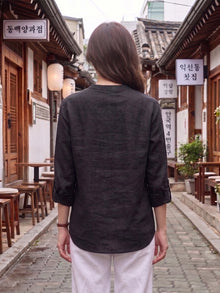 Black Linen Blend Mandarin Collar Button-Down Shirt