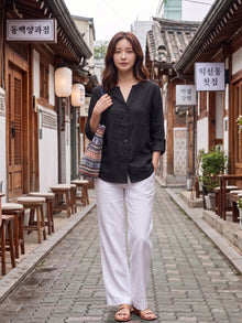 Black Linen Blend Mandarin Collar Button-Down Shirt