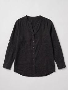 Black Linen Blend Mandarin Collar Button-Down Shirt