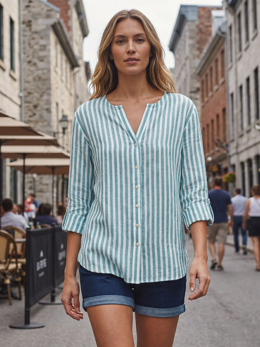 Green Stripe Linen Blend Mandarin Collar Button-Down Shirt