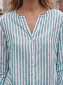Green Stripe Linen Blend Mandarin Collar Button-Down Shirt