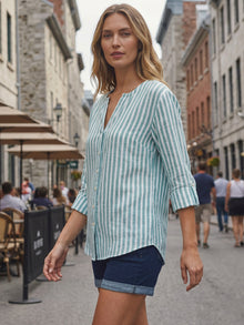 Green Stripe Linen Blend Mandarin Collar Button-Down Shirt