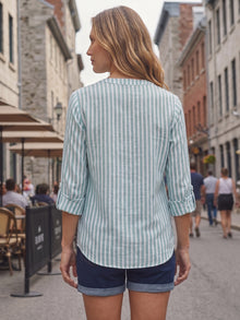 Green Stripe Linen Blend Mandarin Collar Button-Down Shirt