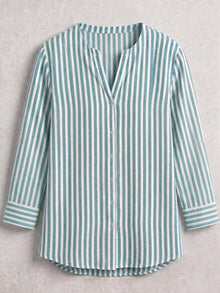 Green Stripe Linen Blend Mandarin Collar Button-Down Shirt
