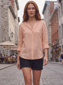 Orange Linen Blend Mandarin Collar Button-Down Shirt