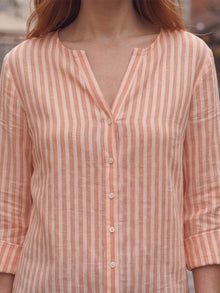 Orange Linen Blend Mandarin Collar Button-Down Shirt