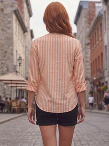 Orange Linen Blend Mandarin Collar Button-Down Shirt
