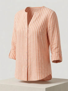 Orange Linen Blend Mandarin Collar Button-Down Shirt