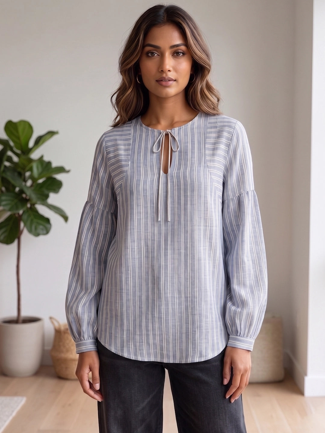 Chambray Blue Striped Linen Blend Tie-Neck Balloon Sleeve Top