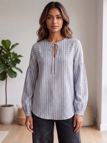 Chambray Blue Striped Linen Blend Tie-Neck Balloon Sleeve Top