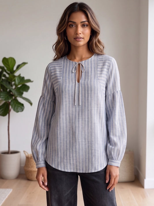 Chambray Blue Striped Linen Blend Tie-Neck Balloon Sleeve Top