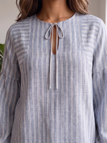 Chambray Blue Striped Linen Blend Tie-Neck Balloon Sleeve Top
