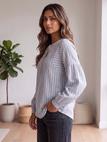 Chambray Blue Striped Linen Blend Tie-Neck Balloon Sleeve Top