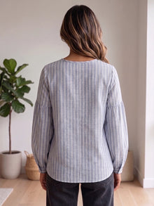 Chambray Blue Striped Linen Blend Tie-Neck Balloon Sleeve Top