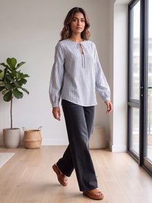 Chambray Blue Striped Linen Blend Tie-Neck Balloon Sleeve Top