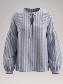 Chambray Blue Striped Linen Blend Tie-Neck Balloon Sleeve Top