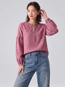Pink And White Striped Linen Blend Tie-Neck Balloon Sleeve Top