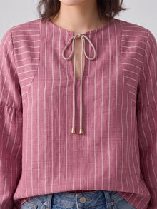 Pink And White Striped Linen Blend Tie-Neck Balloon Sleeve Top