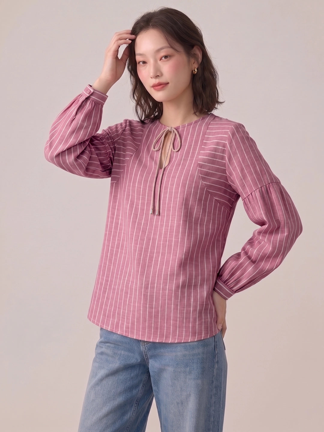 Pink And White Striped Linen Blend Tie-Neck Balloon Sleeve Top