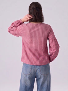 Pink And White Striped Linen Blend Tie-Neck Balloon Sleeve Top