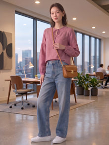 Pink And White Striped Linen Blend Tie-Neck Balloon Sleeve Top