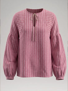 Pink And White Striped Linen Blend Tie-Neck Balloon Sleeve Top