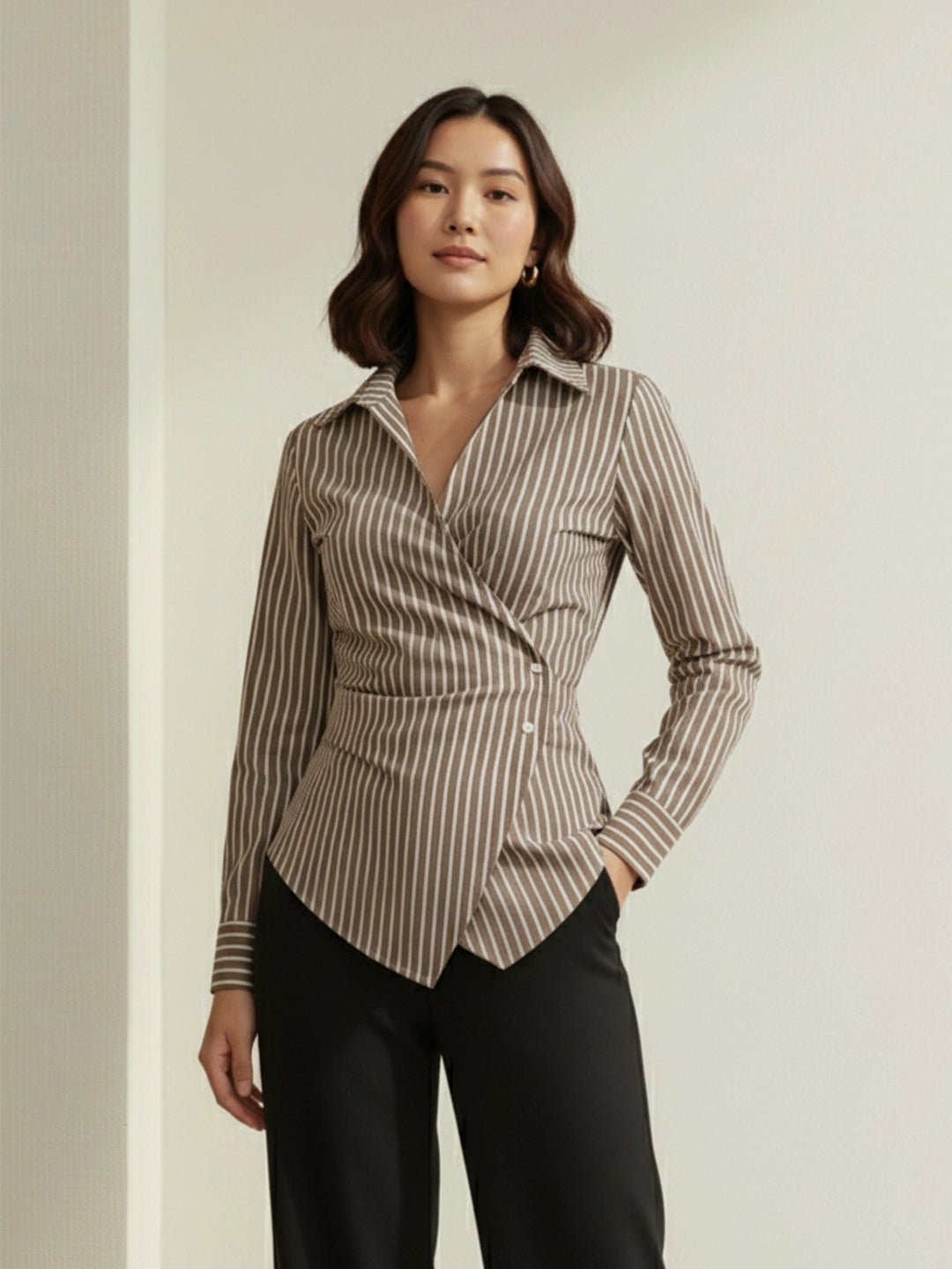 Brown Striped Cotton Side-Fastened Wrap Shirt