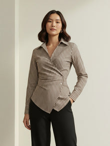 Brown Striped Cotton Side-Fastened Wrap Shirt