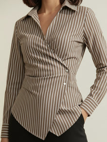Brown Striped Cotton Side-Fastened Wrap Shirt