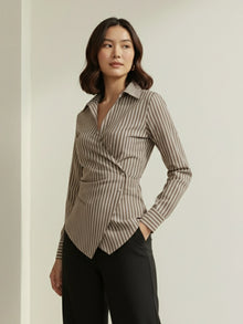 Brown Striped Cotton Side-Fastened Wrap Shirt