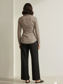 Brown Striped Cotton Side-Fastened Wrap Shirt