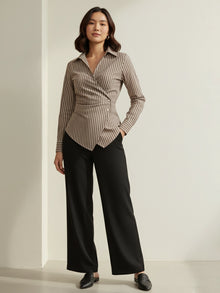 Brown Striped Cotton Side-Fastened Wrap Shirt