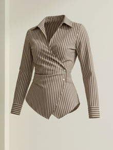 Brown Striped Cotton Side-Fastened Wrap Shirt