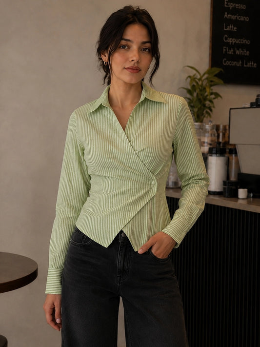 Green Striped Cotton Side-Fastened Wrap Shirt