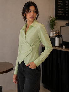 Green Striped Cotton Side-Fastened Wrap Shirt