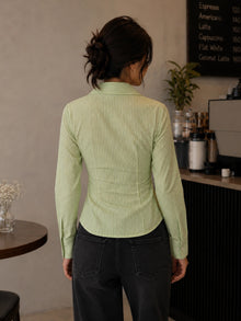 Green Striped Cotton Side-Fastened Wrap Shirt